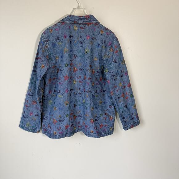 Chico’s Whimsical Floral Embroidered Denim jacket Sz 2 US L/12 Boho Hippie Gypsy - Picture 6 of 6